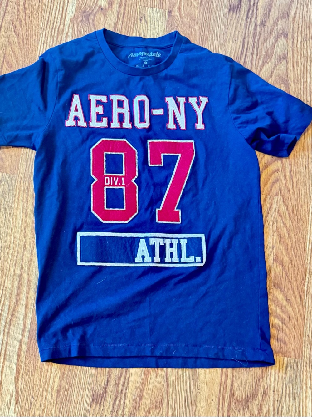 Aeropostale Navy Tee with Red and White Varsity Applique